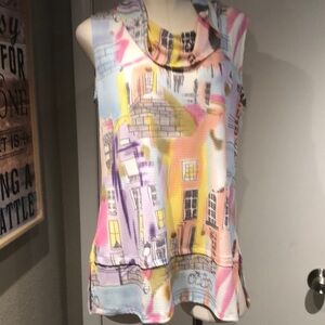 Colorful Abstract Print cowl neck Sleeveless Blouse contrast hem